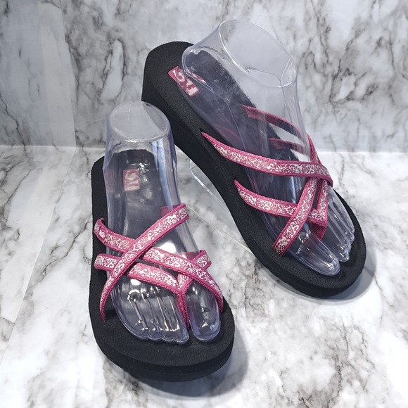 Teva Mush Wedge Strappy Open Toe Women's Sandals Size 9 Pink & Black - Picture 1 of 14